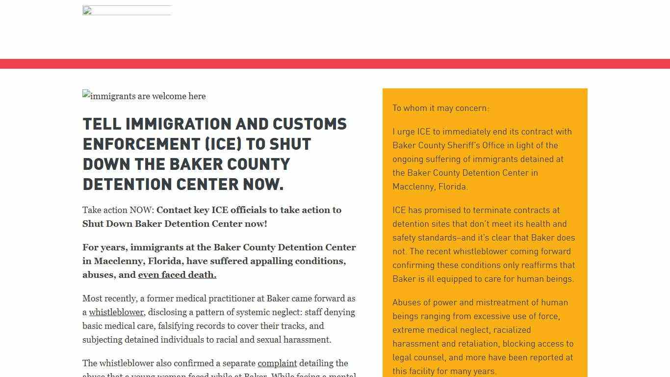 Tell Immigration and Customs Enforcement (ICE) to Shut Down the Baker County Detention Center Now. American Civil Liberties Union
